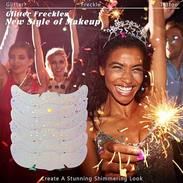 HOSAILY 6 pcs Holographic Glitter Freckles Face Tattoo, Waterproof Sparkle Body Glitter Speckles Patches for Women, Cute Star Glitter Stickers Temporary Tattoo Makeup Accessories for Festival Rave - Image 4