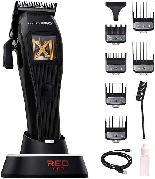 RED Pro X-King Cordless Hair Clipper for Men Hair Cutting, Strong & Fast Vector Motor, DLC Diamond Like Carbon Coated Blade, Rechargeable USB-C Charging Cradle, 6 Guards (Black) - Image 1