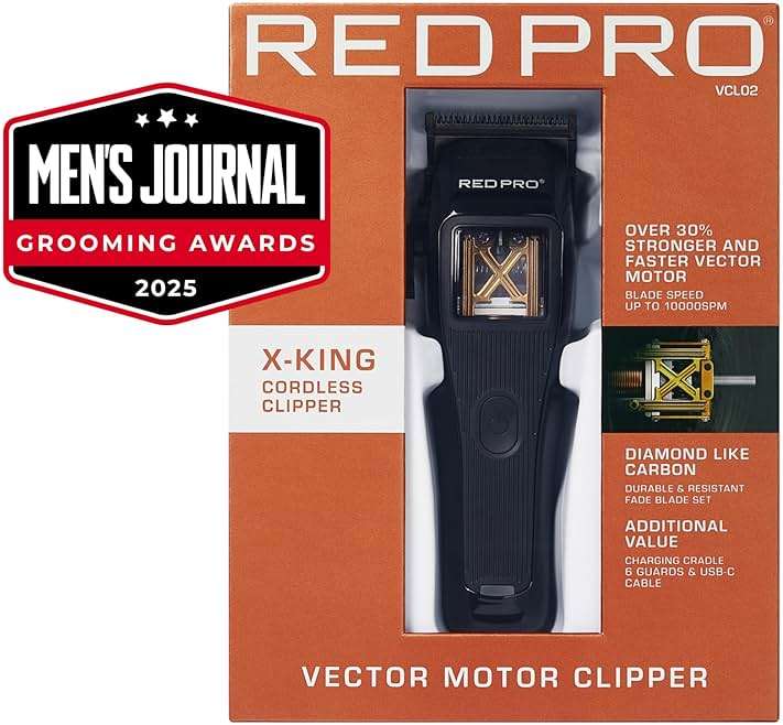 RED Pro X-King Cordless Hair Clipper for Men Hair Cutting, Strong & Fast Vector Motor, DLC Diamond Like Carbon Coated Blade, Rechargeable USB-C Charging Cradle, 6 Guards (Black) - Image 2