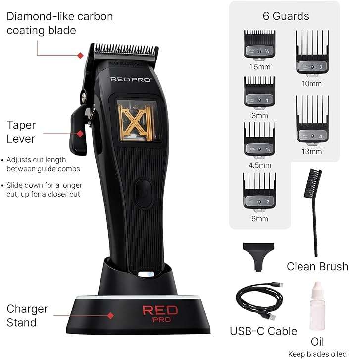 RED Pro X-King Cordless Hair Clipper for Men Hair Cutting, Strong & Fast Vector Motor, DLC Diamond Like Carbon Coated Blade, Rechargeable USB-C Charging Cradle, 6 Guards (Black) - Image 4
