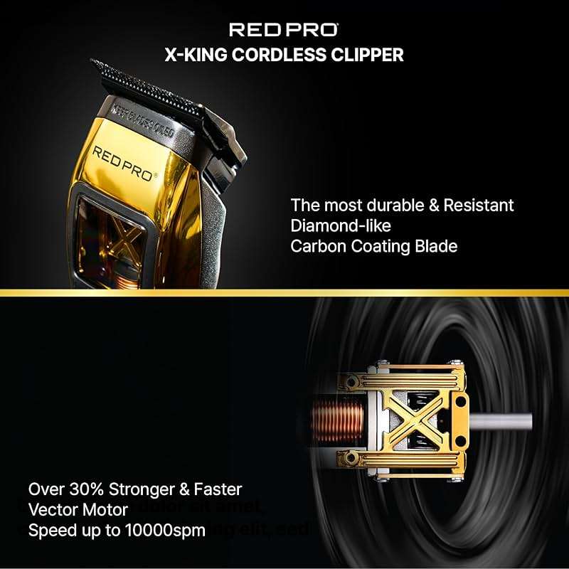 RED Pro X-King Cordless Hair Clipper for Men Hair Cutting, Strong & Fast Vector Motor, DLC Diamond Like Carbon Coated Blade, Rechargeable USB-C Charging Cradle, 6 Guards (Black) - Image 6