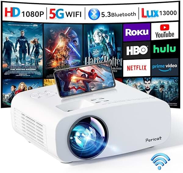 Projector with WiFi and Bluetooth, Pericat 4K Supported Native 1080P Projector, Portable Movie Outdoor Projector for Home Theater, Mini Projector Compatible with PC, HDMI, USB, TV Stick, PS5 - Product Image