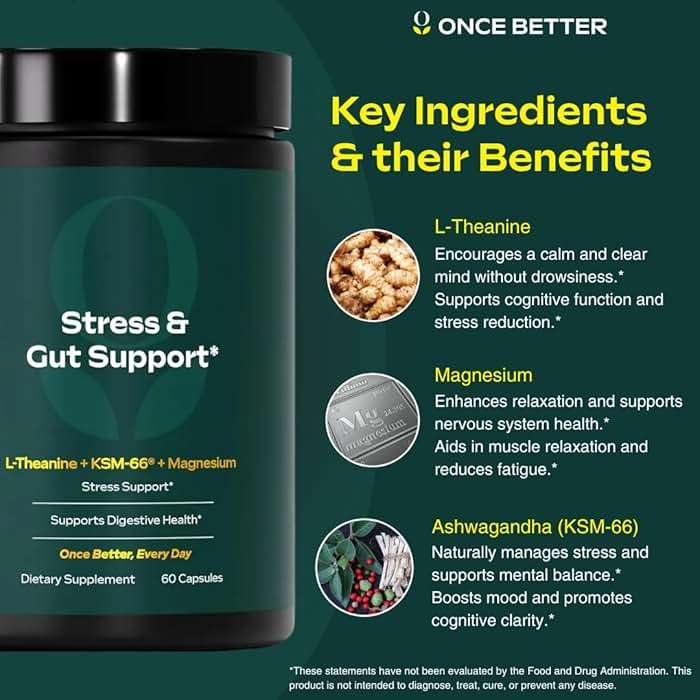Once Better™️ Stress & Gut Support Supplement – Ashwagandha KSM-66®, L-Theanine, Magnesium Glycinate, Probiotics & Inulin for Digestive Health & Stress Relief – 60 Capsules - Men & Women - Image 2