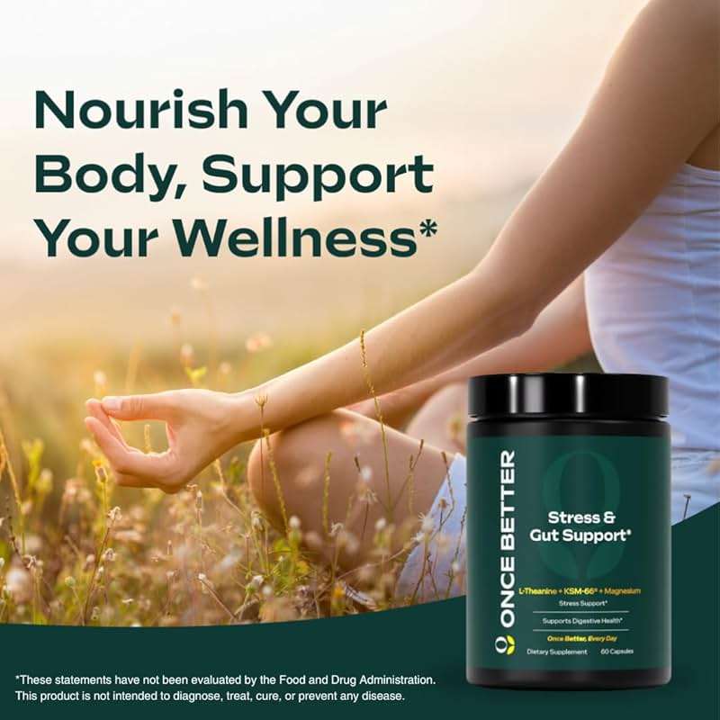 Once Better™️ Stress & Gut Support Supplement – Ashwagandha KSM-66®, L-Theanine, Magnesium Glycinate, Probiotics & Inulin for Digestive Health & Stress Relief – 60 Capsules - Men & Women - Image 3