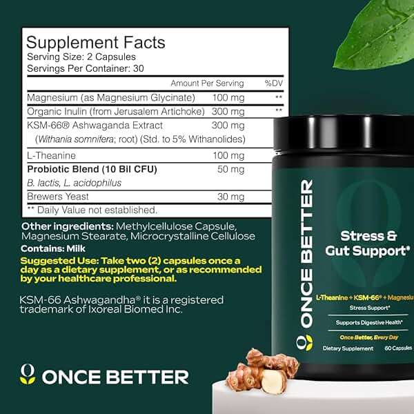 Once Better™️ Stress & Gut Support Supplement – Ashwagandha KSM-66®, L-Theanine, Magnesium Glycinate, Probiotics & Inulin for Digestive Health & Stress Relief – 60 Capsules - Men & Women - Image 6