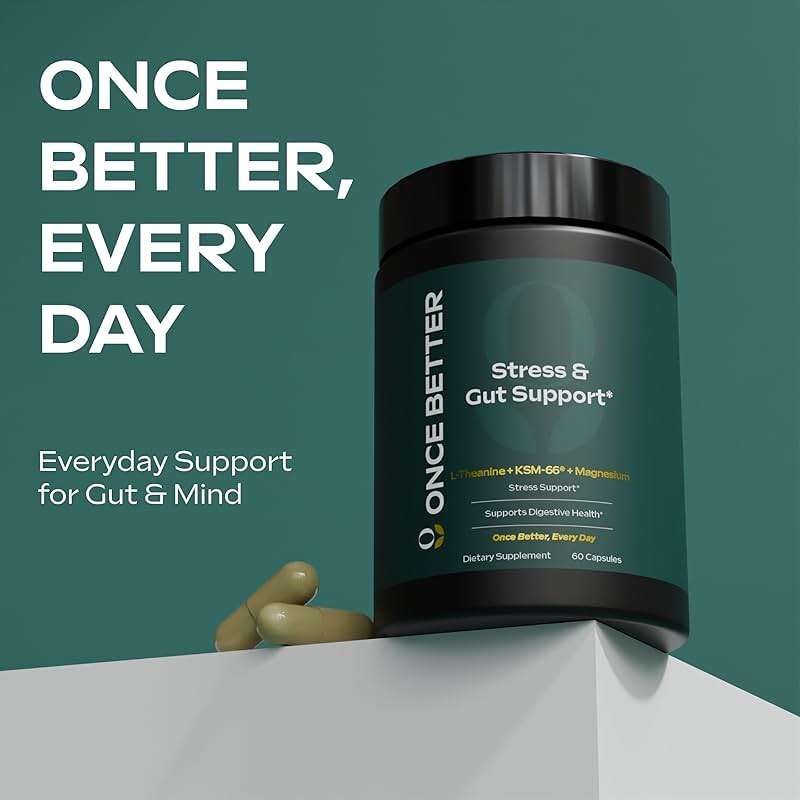 Once Better™️ Stress & Gut Support Supplement – Ashwagandha KSM-66®, L-Theanine, Magnesium Glycinate, Probiotics & Inulin for Digestive Health & Stress Relief – 60 Capsules - Men & Women - Image 7