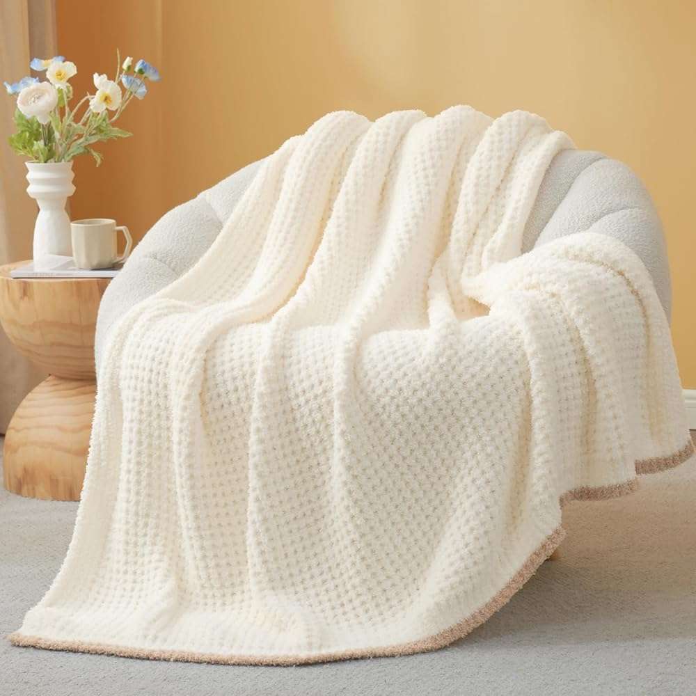 Snuggle Sac Ultra Soft Waffle Throw Blanket for Couch Bed Sofa 50x60 inches, Reversible Cream Blanket Microfiber Fluffy Fuzzy Cozy Knit Throws for Women Mothers Birthday Gifts - Image 3