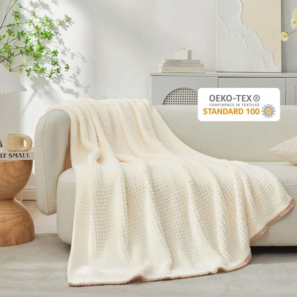 Snuggle Sac Ultra Soft Waffle Throw Blanket for Couch Bed Sofa 50x60 inches, Reversible Cream Blanket Microfiber Fluffy Fuzzy Cozy Knit Throws for Women Mothers Birthday Gifts - Image 5