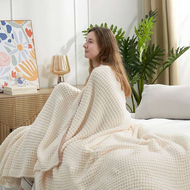 Snuggle Sac Ultra Soft Waffle Throw Blanket for Couch Bed Sofa 50x60 inches, Reversible Cream Blanket Microfiber Fluffy Fuzzy Cozy Knit Throws for Women Mothers Birthday Gifts - Image 6