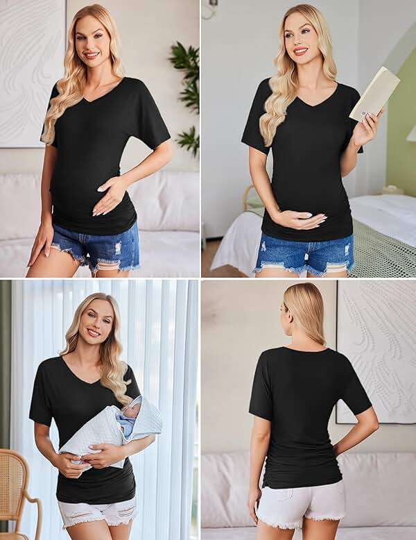 Ekouaer 3 Pack Maternity Shirts V Neck Dolman Sleeve Side Ruched Pregnancy Tops Tunic Blouse - Image 2