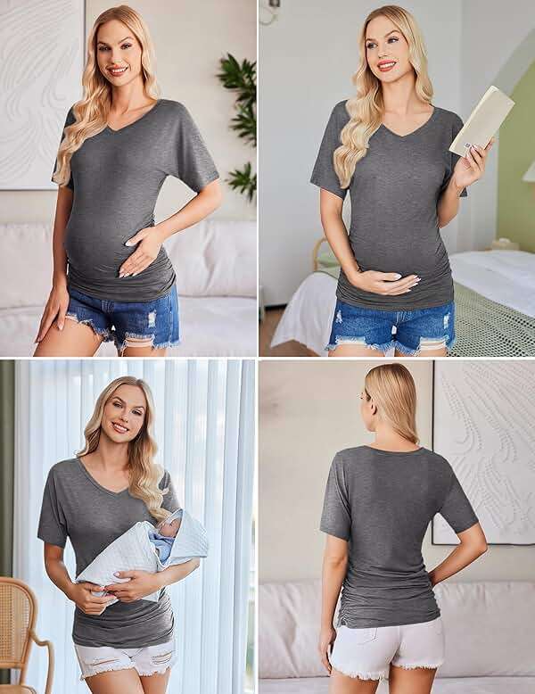 Ekouaer 3 Pack Maternity Shirts V Neck Dolman Sleeve Side Ruched Pregnancy Tops Tunic Blouse - Image 3