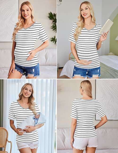Ekouaer 3 Pack Maternity Shirts V Neck Dolman Sleeve Side Ruched Pregnancy Tops Tunic Blouse - Image 4