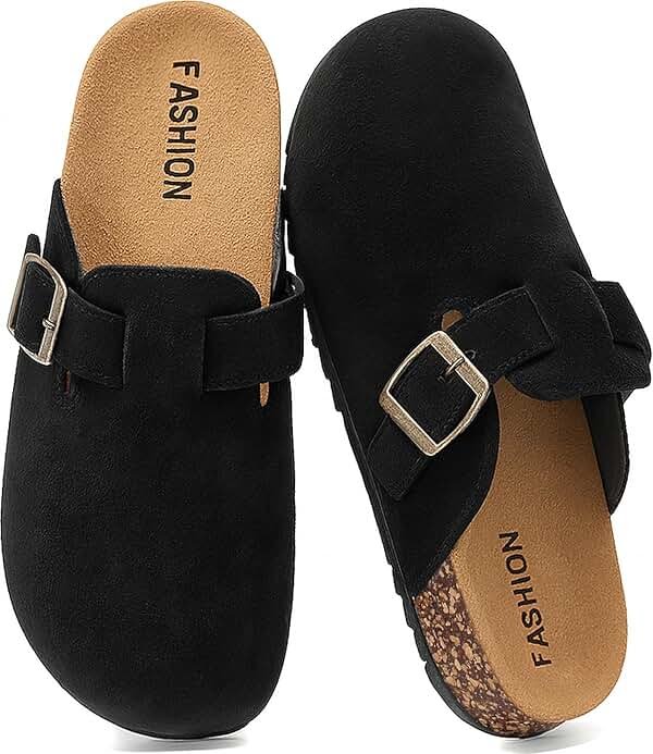YorFotMae Women's Suede Clogs Mens Leather Mules Comfort Cork Footbed Antislip House Sandals Arch Support Potato Shoes with Adjustable Buckle - Product Image