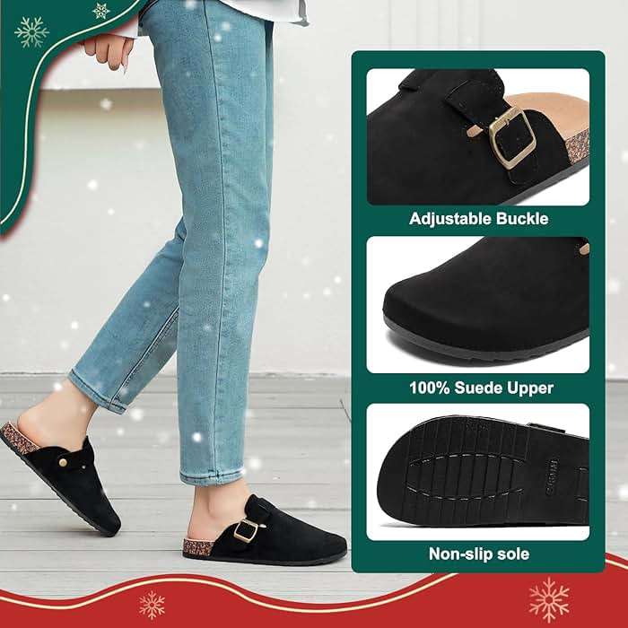 YorFotMae Women's Suede Clogs Mens Leather Mules Comfort Cork Footbed Antislip House Sandals Arch Support Potato Shoes with Adjustable Buckle - Image 3