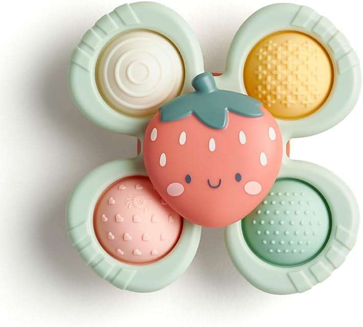 Itzy Ritzy Pop & Whirl – Fidget Spinner Travel & Bath Toy for Babies & Toddlers – Fidget w/Textured Silicone Popper to Develop Fine Motor Skills –Sticks to Highchairs, Tables, Tubs, More (Strawberry) - Image 1
