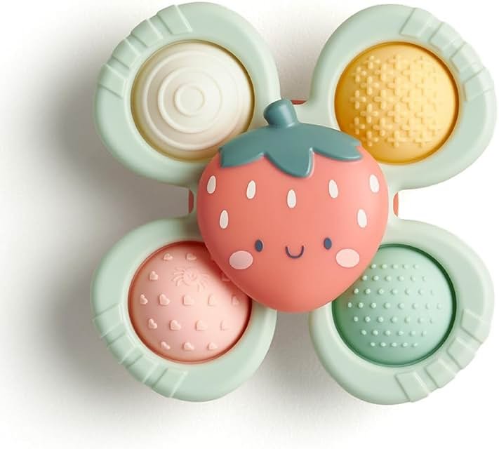 Itzy Ritzy Pop & Whirl – Fidget Spinner Travel & Bath Toy for Babies & Toddlers – Fidget w/Textured Silicone Popper to Develop Fine Motor Skills –Sticks to Highchairs, Tables, Tubs, More (Strawberry) - Product Image