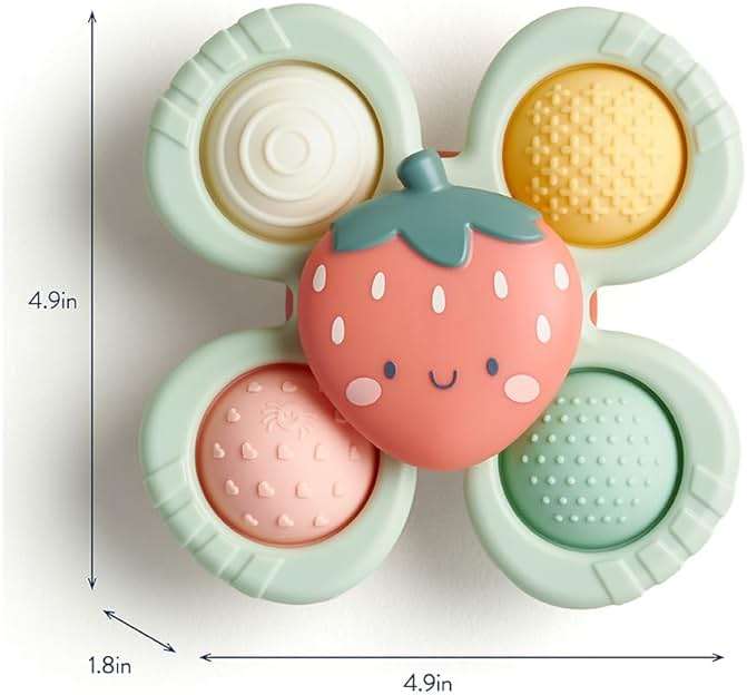 Itzy Ritzy Pop & Whirl – Fidget Spinner Travel & Bath Toy for Babies & Toddlers – Fidget w/Textured Silicone Popper to Develop Fine Motor Skills –Sticks to Highchairs, Tables, Tubs, More (Strawberry) - Image 3
