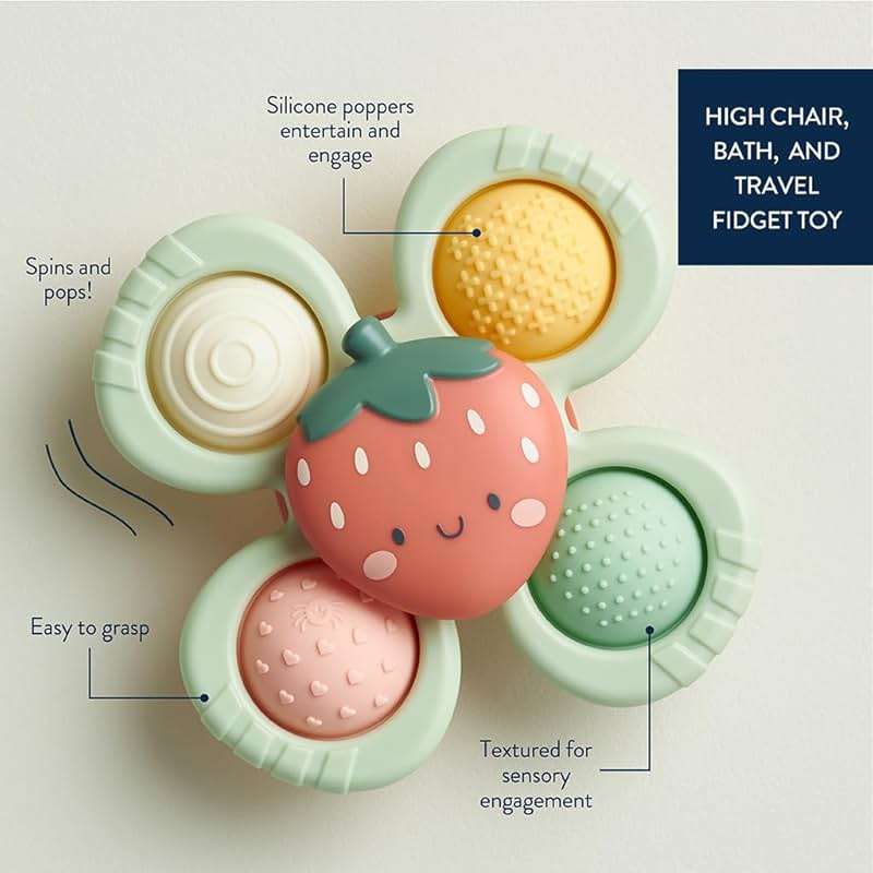 Itzy Ritzy Pop & Whirl – Fidget Spinner Travel & Bath Toy for Babies & Toddlers – Fidget w/Textured Silicone Popper to Develop Fine Motor Skills –Sticks to Highchairs, Tables, Tubs, More (Strawberry) - Image 4