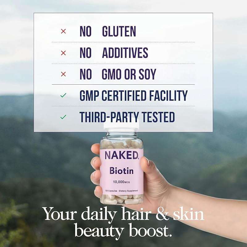 NAKED Biotin 10,000mcg - Max Strength Vitamin B7 Supplement for Healthy Hair, Skin & Nails Support - Non-GMO, Gluten-Free, Vegan - Supports Keratin Production - 120 Capsules - Image 2