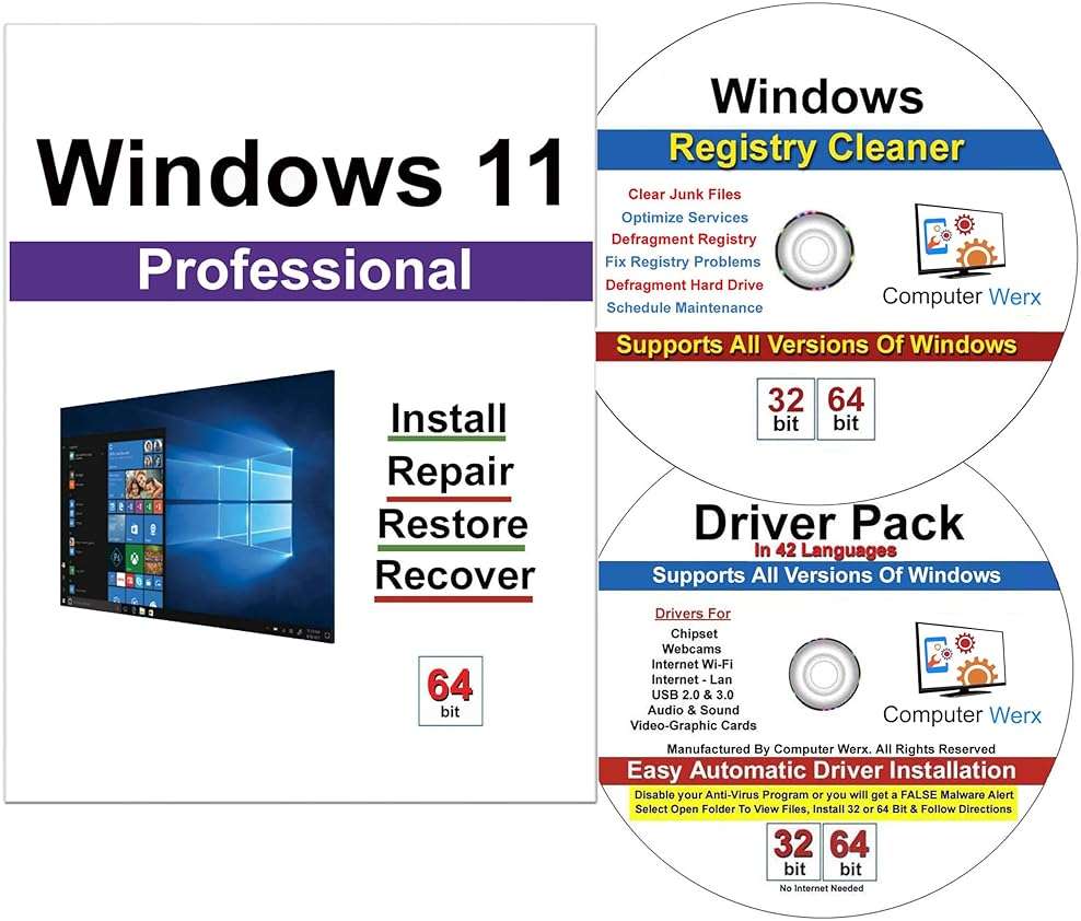 Computer Werx Compatible Replacement with Windows 11 Professional 64 Bit DVD with key, Install, Recovery, Repair & Restore DVD plus Registry Cleaner & Drivers pack , 3 PK - Image 1