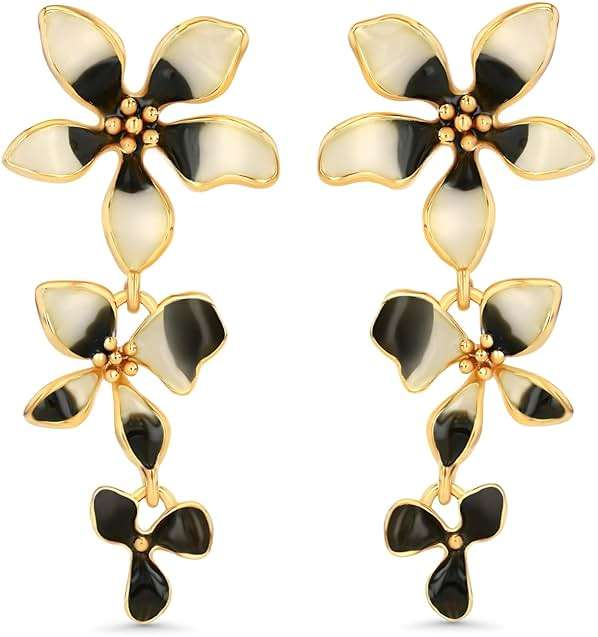 18K gold plated Medium Dainty Chunky Enamel Flower Statement Earrings for Women by SNGIA, (Maroon, Black/Cream) Modern Summer Beach Floral Handmade Drop Jewelry, Cherry Maximalist Wedding Date Birthday Gift, Bold Exaggerated Wine Dangle Trendy Jewelry, 18K gold plateden Chandelier Colorful Fashion Accessories, Vintage Hammered Thick Nickle Free Gifts. - Image 1