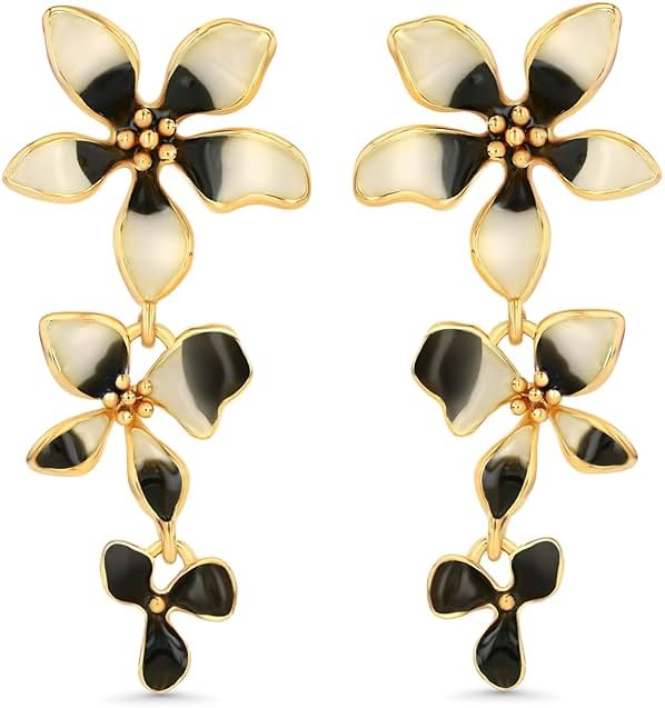 18K gold plated Medium Dainty Chunky Enamel Flower Statement Earrings for Women by SNGIA, (Maroon, Black/Cream) Modern Summer Beach Floral Handmade Drop Jewelry, Cherry Maximalist Wedding Date Birthday Gift, Bold Exaggerated Wine Dangle Trendy Jewelry, 18K gold plateden Chandelier Colorful Fashion Accessories, Vintage Hammered Thick Nickle Free Gifts. - Product Image