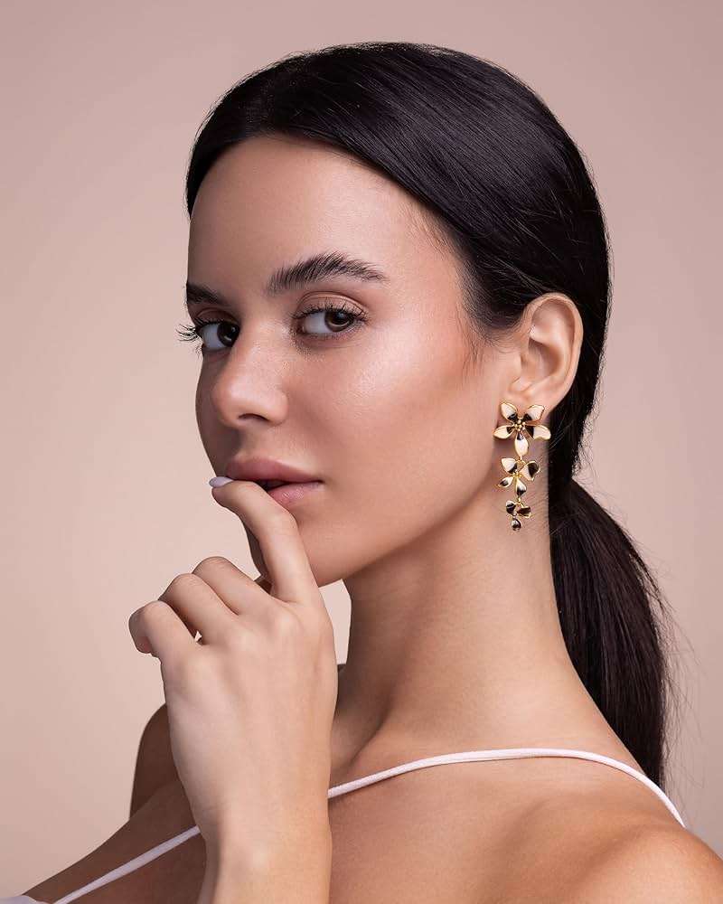 18K gold plated Medium Dainty Chunky Enamel Flower Statement Earrings for Women by SNGIA, (Maroon, Black/Cream) Modern Summer Beach Floral Handmade Drop Jewelry, Cherry Maximalist Wedding Date Birthday Gift, Bold Exaggerated Wine Dangle Trendy Jewelry, 18K gold plateden Chandelier Colorful Fashion Accessories, Vintage Hammered Thick Nickle Free Gifts. - Image 2