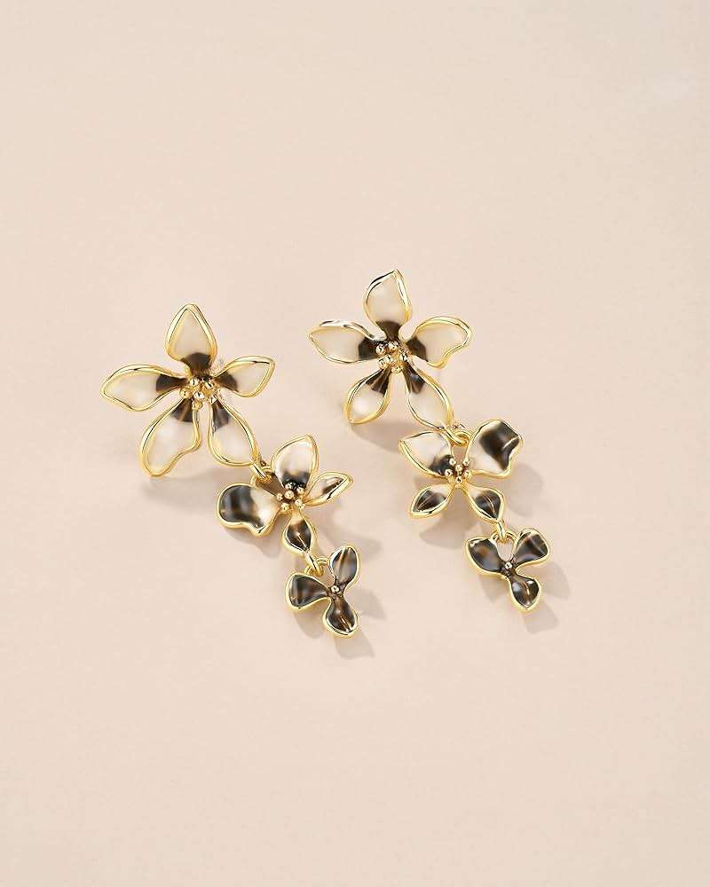 18K gold plated Medium Dainty Chunky Enamel Flower Statement Earrings for Women by SNGIA, (Maroon, Black/Cream) Modern Summer Beach Floral Handmade Drop Jewelry, Cherry Maximalist Wedding Date Birthday Gift, Bold Exaggerated Wine Dangle Trendy Jewelry, 18K gold plateden Chandelier Colorful Fashion Accessories, Vintage Hammered Thick Nickle Free Gifts. - Image 3