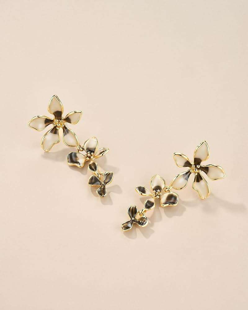 18K gold plated Medium Dainty Chunky Enamel Flower Statement Earrings for Women by SNGIA, (Maroon, Black/Cream) Modern Summer Beach Floral Handmade Drop Jewelry, Cherry Maximalist Wedding Date Birthday Gift, Bold Exaggerated Wine Dangle Trendy Jewelry, 18K gold plateden Chandelier Colorful Fashion Accessories, Vintage Hammered Thick Nickle Free Gifts. - Image 5