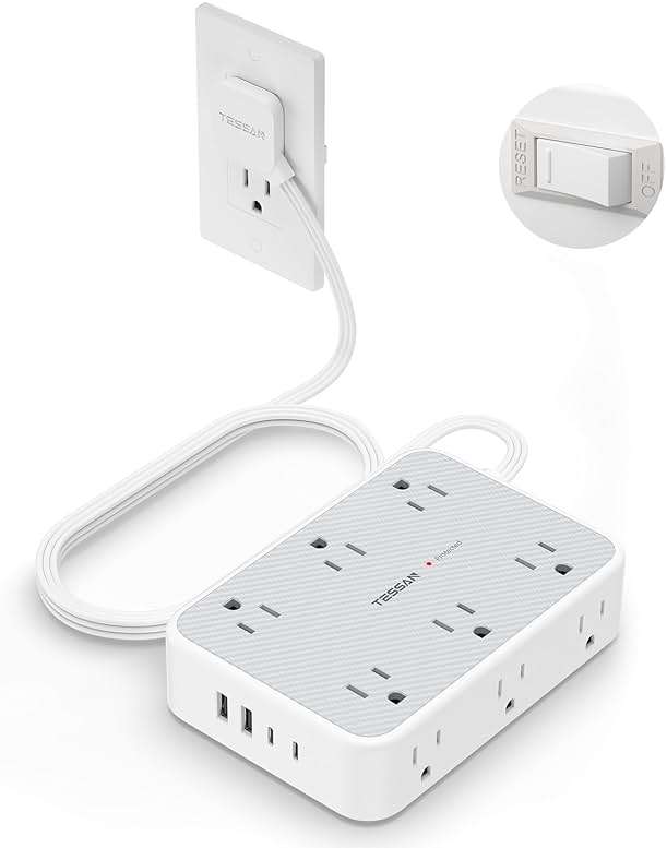 TESSAN Surge Protector Power Strip, 10FT Flat Extension Cord with Multiple Outlets, 12 Outlet Extender with 4 USB (2 USB-C), Flat Plug Power Strip, 1800J Surge Protection, Office, Dorm Essentials - Image 1