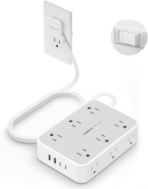 TESSAN Surge Protector Power Strip, 10FT Flat Extension Cord with Multiple Outlets, 12 Outlet Extender with 4 USB (2 USB-C), Flat Plug Power Strip, 1800J Surge Protection, Office, Dorm Essentials - Product Image
