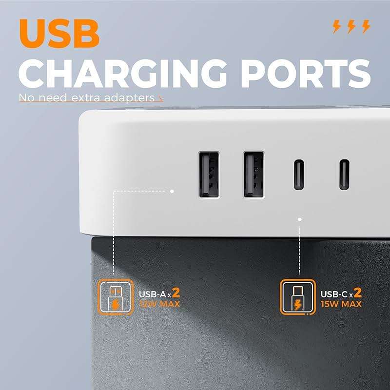 TESSAN Surge Protector Power Strip, 10FT Flat Extension Cord with Multiple Outlets, 12 Outlet Extender with 4 USB (2 USB-C), Flat Plug Power Strip, 1800J Surge Protection, Office, Dorm Essentials - Image 4