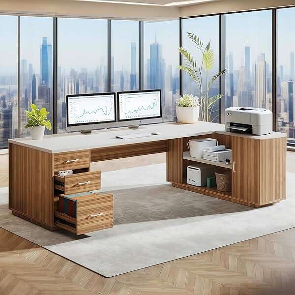 Tribesigns 85.8" L-Shaped Executive Desk, Extra Large Office Desk with File Drawers, Modern Business Furniture, Computer Desk Workstation with Door Cabinet, Shelves for Home Office, White & Brown - Image 1