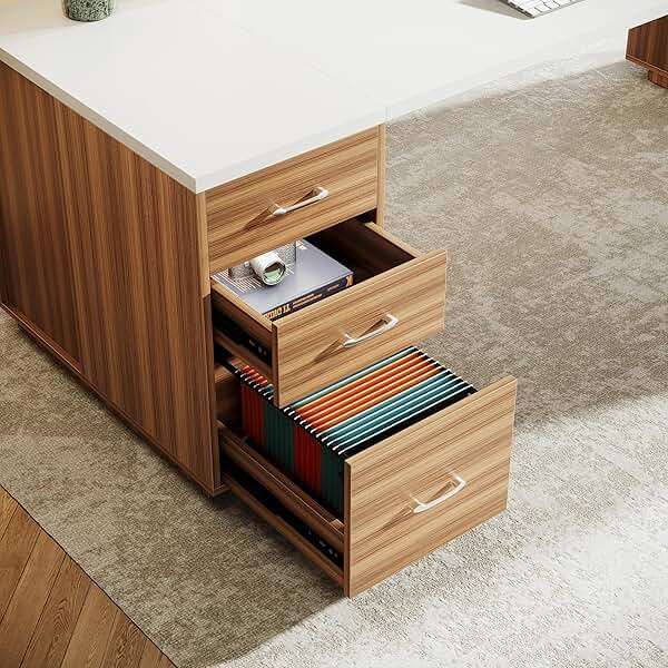 Tribesigns 85.8" L-Shaped Executive Desk, Extra Large Office Desk with File Drawers, Modern Business Furniture, Computer Desk Workstation with Door Cabinet, Shelves for Home Office, White & Brown - Image 3