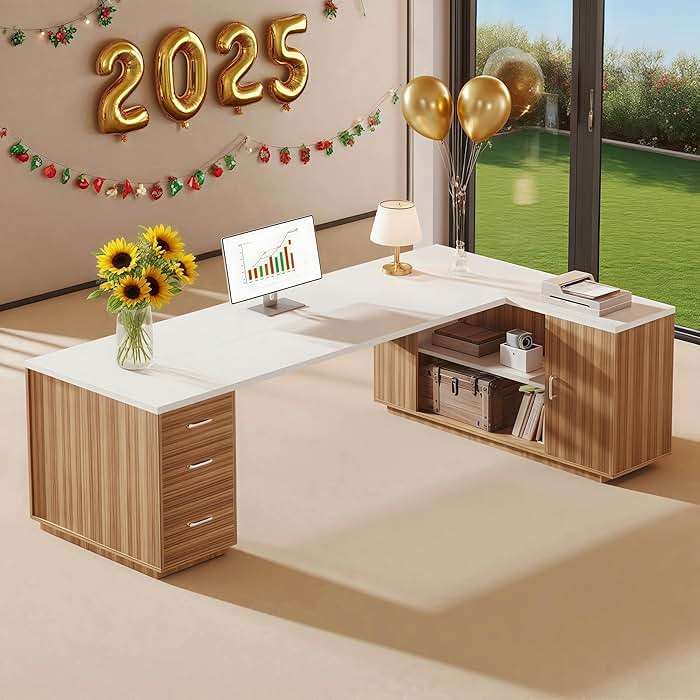 Tribesigns 85.8" L-Shaped Executive Desk, Extra Large Office Desk with File Drawers, Modern Business Furniture, Computer Desk Workstation with Door Cabinet, Shelves for Home Office, White & Brown - Image 6