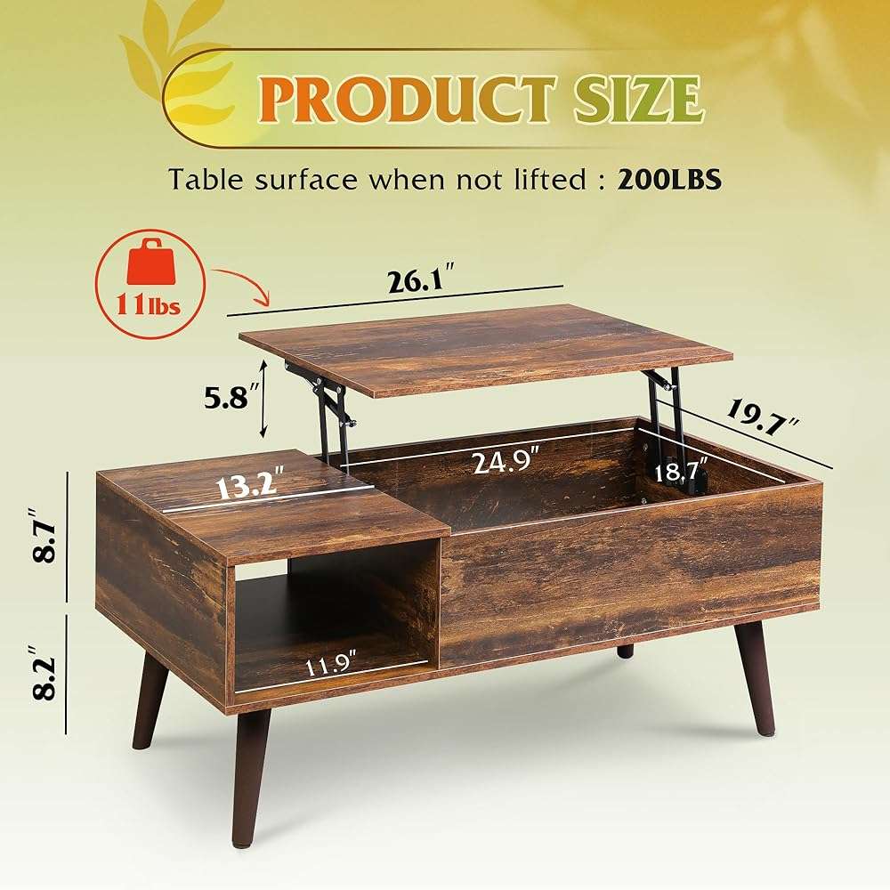 WLIVE Coffee Table with Storage & Lifting Top for Living Room, 21" Small Lift Top for Small Space Apartment, 31" Wooden Multifunctional Coffee & Dining Center Table for Home Office Work, Rustic Brown - Image 3