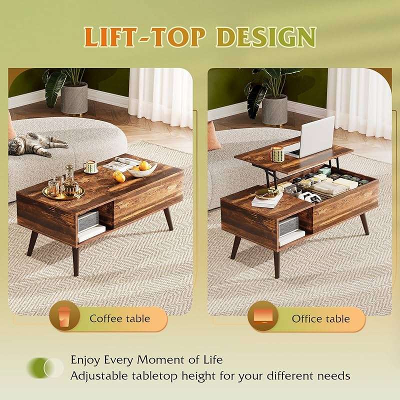 WLIVE Coffee Table with Storage & Lifting Top for Living Room, 21" Small Lift Top for Small Space Apartment, 31" Wooden Multifunctional Coffee & Dining Center Table for Home Office Work, Rustic Brown - Image 5