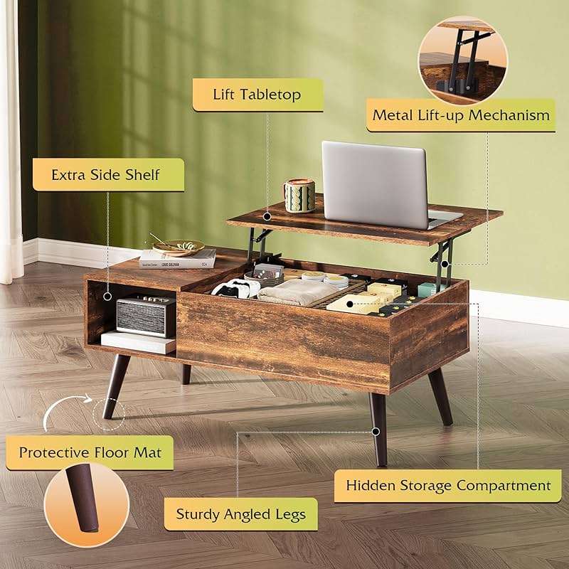 WLIVE Coffee Table with Storage & Lifting Top for Living Room, 21" Small Lift Top for Small Space Apartment, 31" Wooden Multifunctional Coffee & Dining Center Table for Home Office Work, Rustic Brown - Image 7