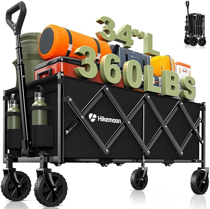 Hikemoon 34'' Extra Long Collapsible Wagons Carts Foldable, 360LBS Heavy Duty Folding Beach Wagon Cart with Wheels, Portable Utility Outdoor Wagon for Grocery, Shopping, Garden, Sports, Camping, Black - Product Image