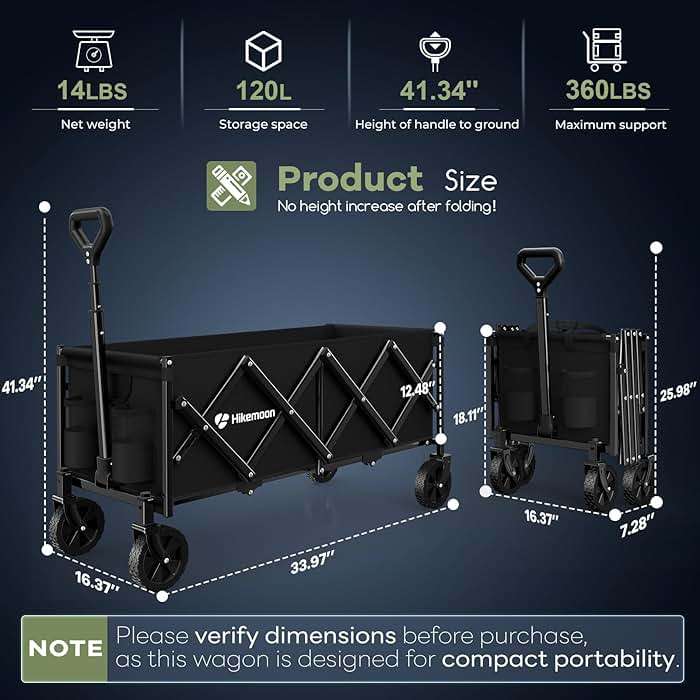 Hikemoon 34'' Extra Long Collapsible Wagons Carts Foldable, 360LBS Heavy Duty Folding Beach Wagon Cart with Wheels, Portable Utility Outdoor Wagon for Grocery, Shopping, Garden, Sports, Camping, Black - Image 2