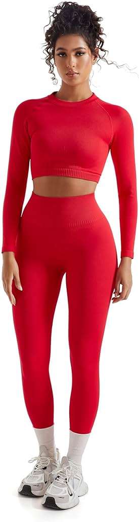 SUUKSESS Women 2 Piece Workout Sets Hidden Scrunch Hip Lifting Seamless Leggings Long Sleeve Yoga Crop Tops - Image 3