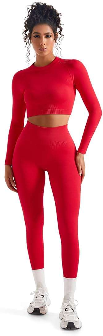 SUUKSESS Women 2 Piece Workout Sets Hidden Scrunch Hip Lifting Seamless Leggings Long Sleeve Yoga Crop Tops - Image 8