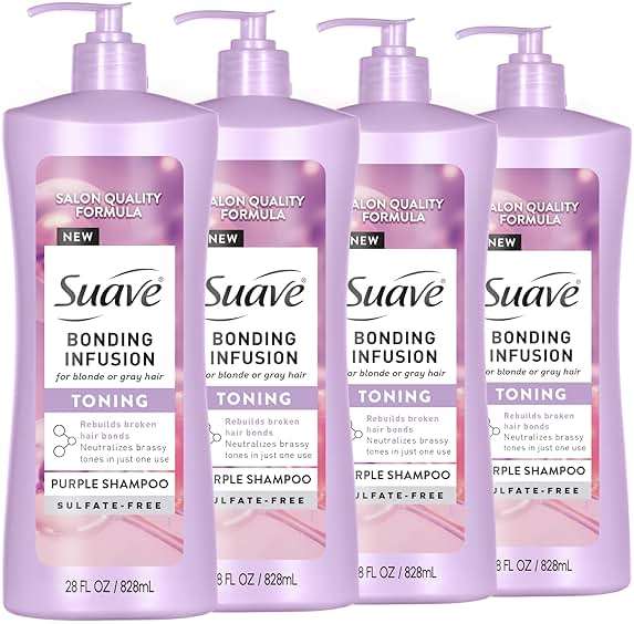 Suave Bonding Infusion Purple Toning Shampoo, for Neutralizing Brassy Tones in Blonde or Gray Hair & Repairing Broken Hair Bonds, 28oz Pump, 4 Pack - Image 1
