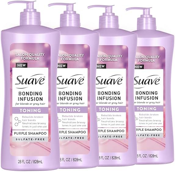 Suave Bonding Infusion Purple Toning Shampoo, for Neutralizing Brassy Tones in Blonde or Gray Hair & Repairing Broken Hair Bonds, 28oz Pump, 4 Pack - Product Image