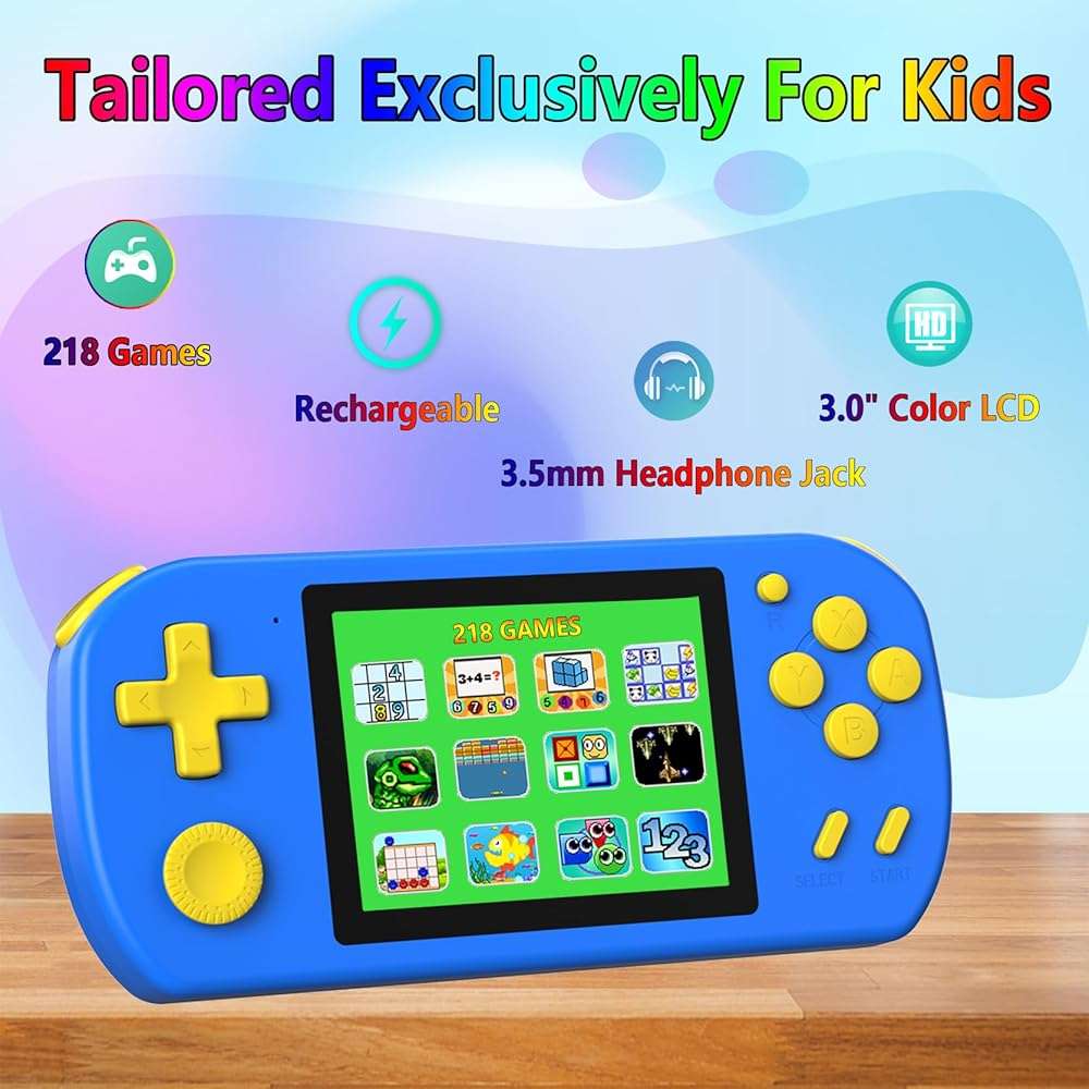 TEBIYOU Handheld Games for Kids Built-in 218 Video Games, Portable Kids Travel Toys for Ages 4-13 with Rechargeable Battery 3.0" HD Screen, Mini Gaming Player Birthday Gifts for Boys Girls (Blue) - Image 2