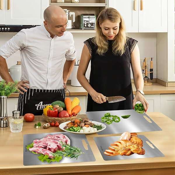 Titanium Cutting Board Set of 3,100% Pure Titanium Cutting Boards for Kitchen, Double Sided Food-Grade Chopping Board for Cutting Meat Vegetable Fruit, Dishwasher Safe - Image 2