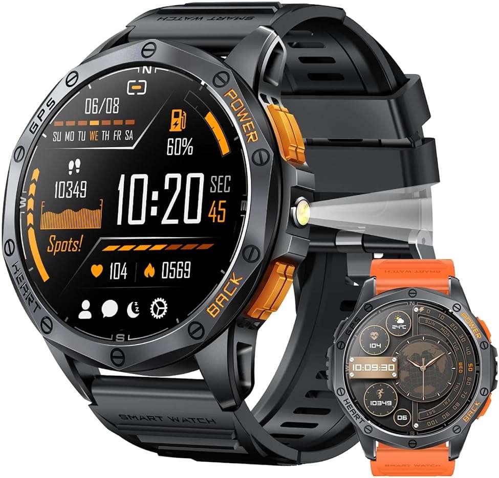 Military Smart Watches Built-in GPS, 170+ Sport Modes for Men with Flashlight, Smartwatch for Android Phones and iPhone, 1.43" AMOLED Screen Bluetooth Call Compass Altimeter (Black & Orange (2 Bands)) - Image 1