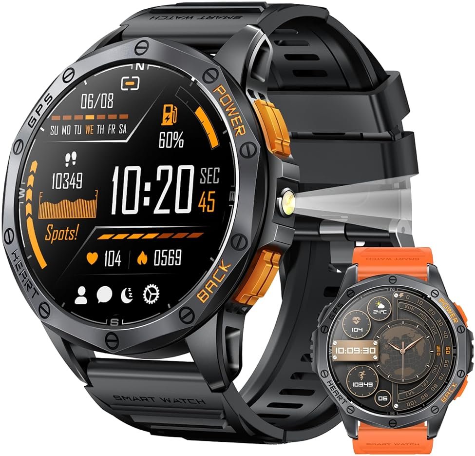 Military Smart Watches Built-in GPS, 170+ Sport Modes for Men with Flashlight, Smartwatch for Android Phones and iPhone, 1.43" AMOLED Screen Bluetooth Call Compass Altimeter (Black & Orange (2 Bands)) - Product Image