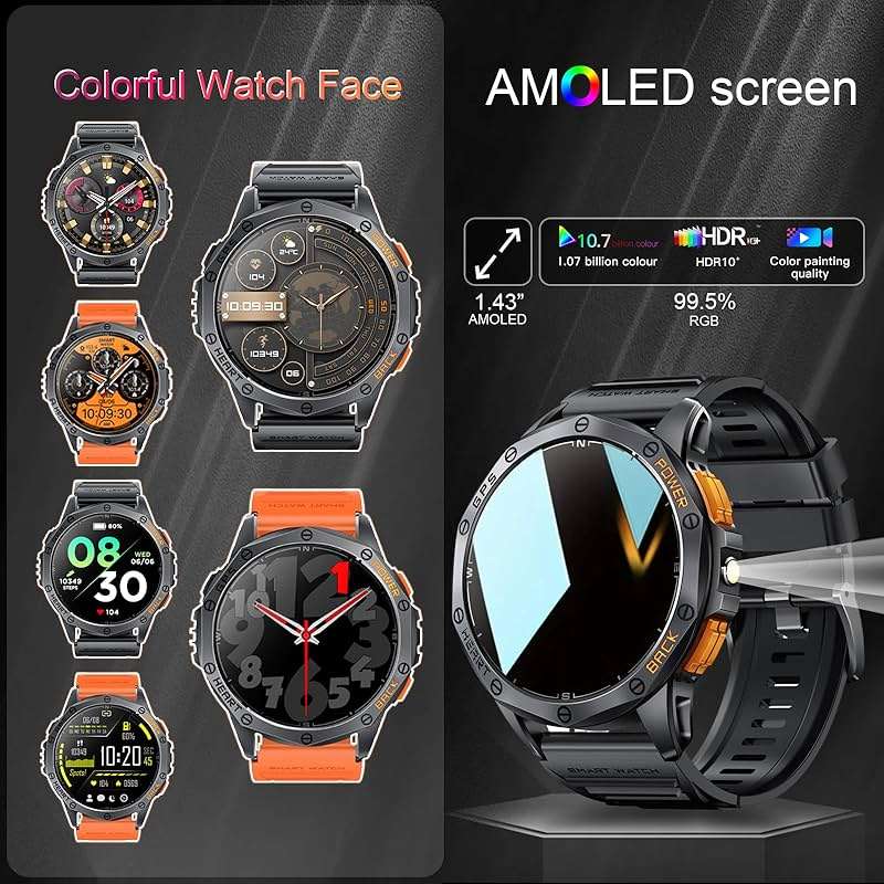 Military Smart Watches Built-in GPS, 170+ Sport Modes for Men with Flashlight, Smartwatch for Android Phones and iPhone, 1.43" AMOLED Screen Bluetooth Call Compass Altimeter (Black & Orange (2 Bands)) - Image 4