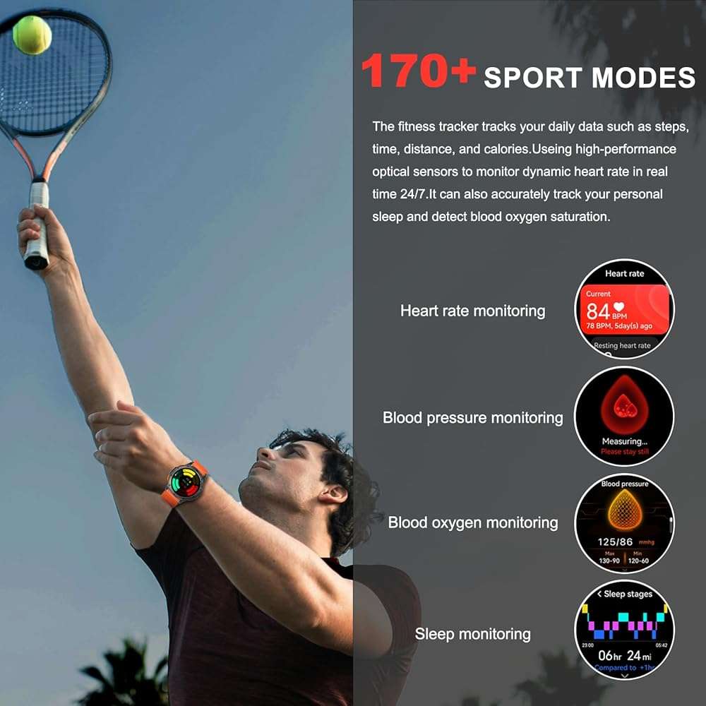 Military Smart Watches Built-in GPS, 170+ Sport Modes for Men with Flashlight, Smartwatch for Android Phones and iPhone, 1.43" AMOLED Screen Bluetooth Call Compass Altimeter (Black & Orange (2 Bands)) - Image 7
